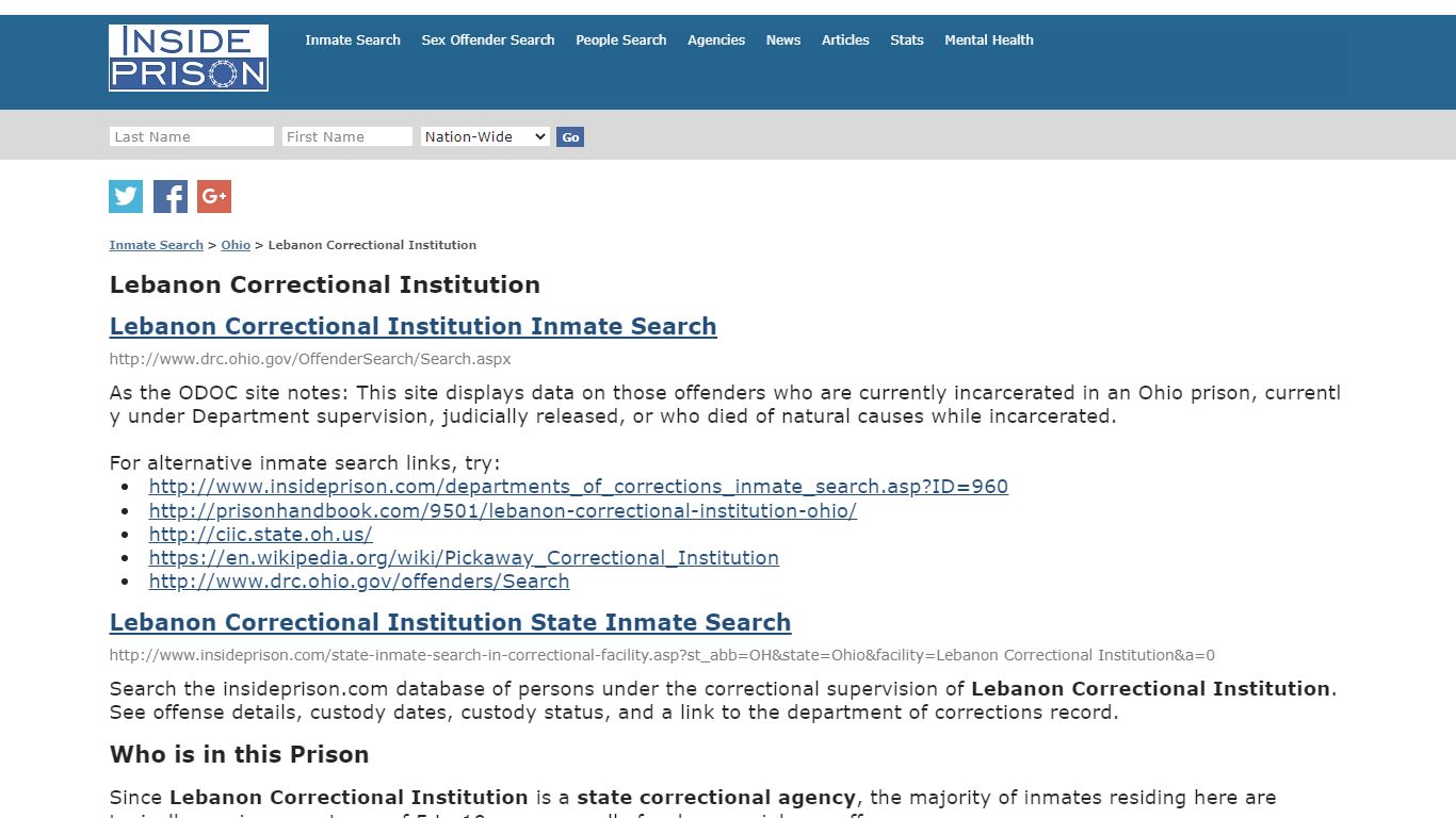 Lebanon Correctional Institution - Ohio - Inmate Search